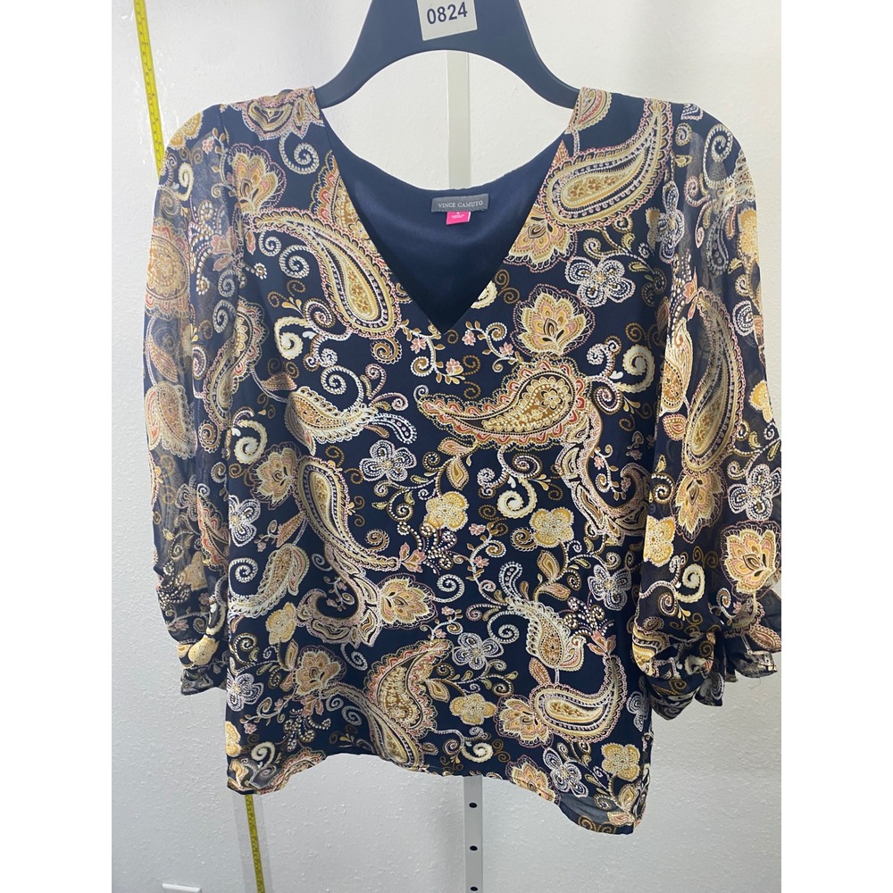 Vince Camuto Navy Blue Paisley V-Neck Chiffon Blouse Sheer Balloon Sleeve Small‎